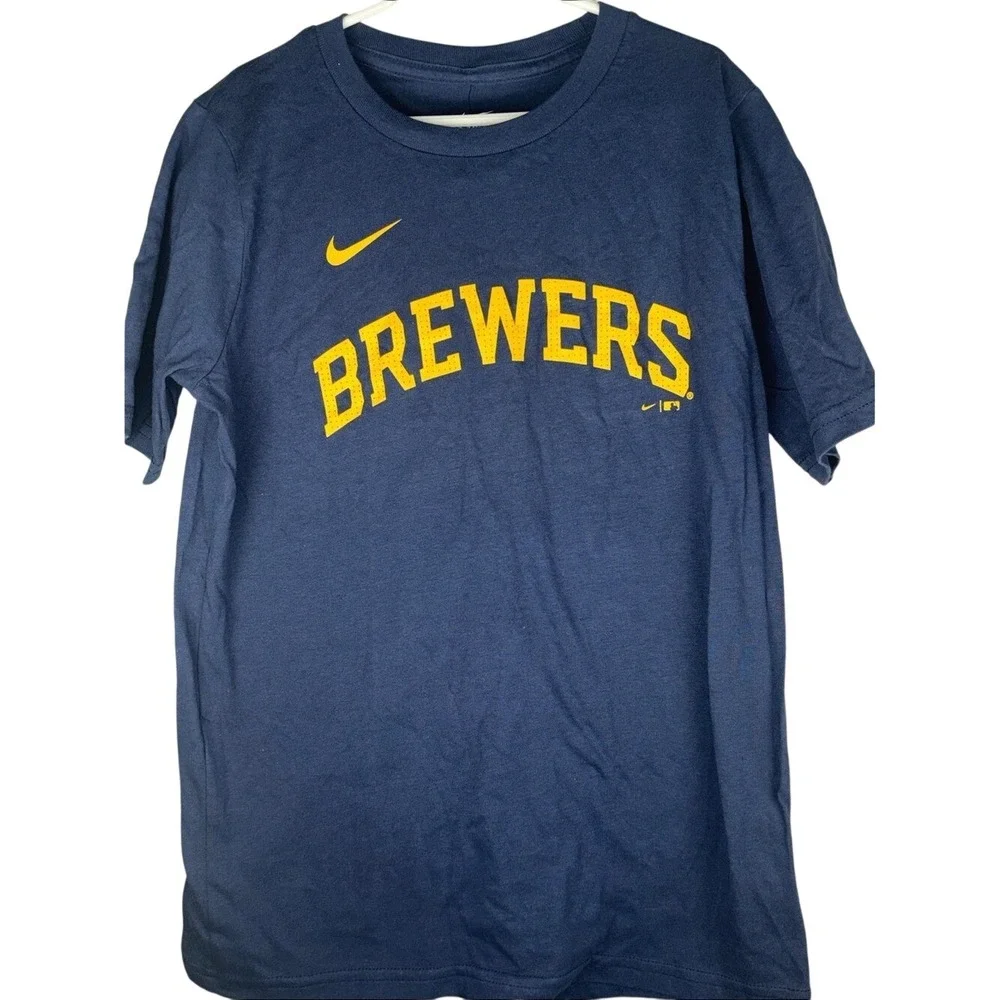 Nike‎ Navy and Gold Brewers Tee Christian Yelich 22 kids medium 10/12 NWT